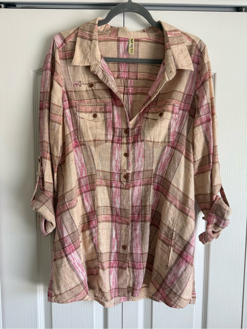 Free People Beige and Pink Plaid Button-Down Shirt